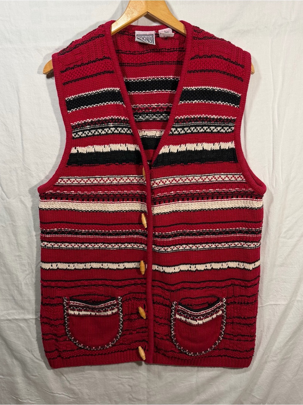 Russ Cardigan Sweater Vest Size L Red Stripe Pockets Vintage 90s Cottage Core